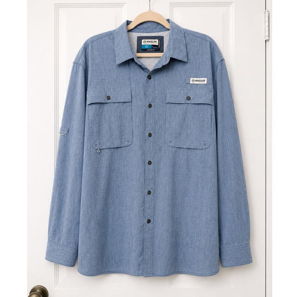 Magellan Outdoors Fish Gear Relaxed Fit Fishing Shirt Blue Long Sleeve  Large